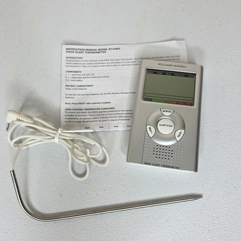 Williams Sonoma Voice Alert Thermometer Silver ET-84WS Digital Probe Battery Op